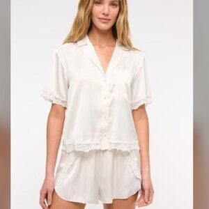 Matching Set White Silky Wedding Getting Ready Pajamas PJs: Short-Sleeve S/M